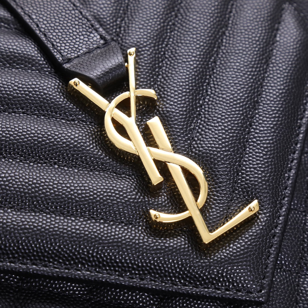 Saint Laurent Envelope Chain Wallet in Quilted Grain de Poudre Leather - Black/Gold