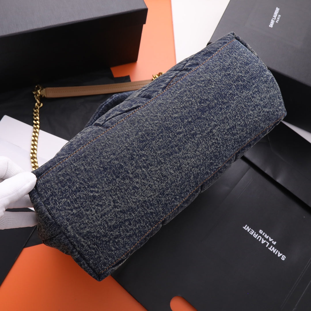 Saint Laurent Medium Loulou Puffer Chain Bag in Quilted Denim - Dark Blue