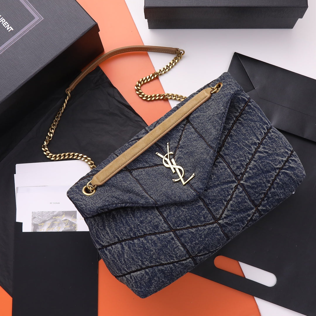 Saint Laurent Medium Loulou Puffer Chain Bag in Quilted Denim - Dark Blue