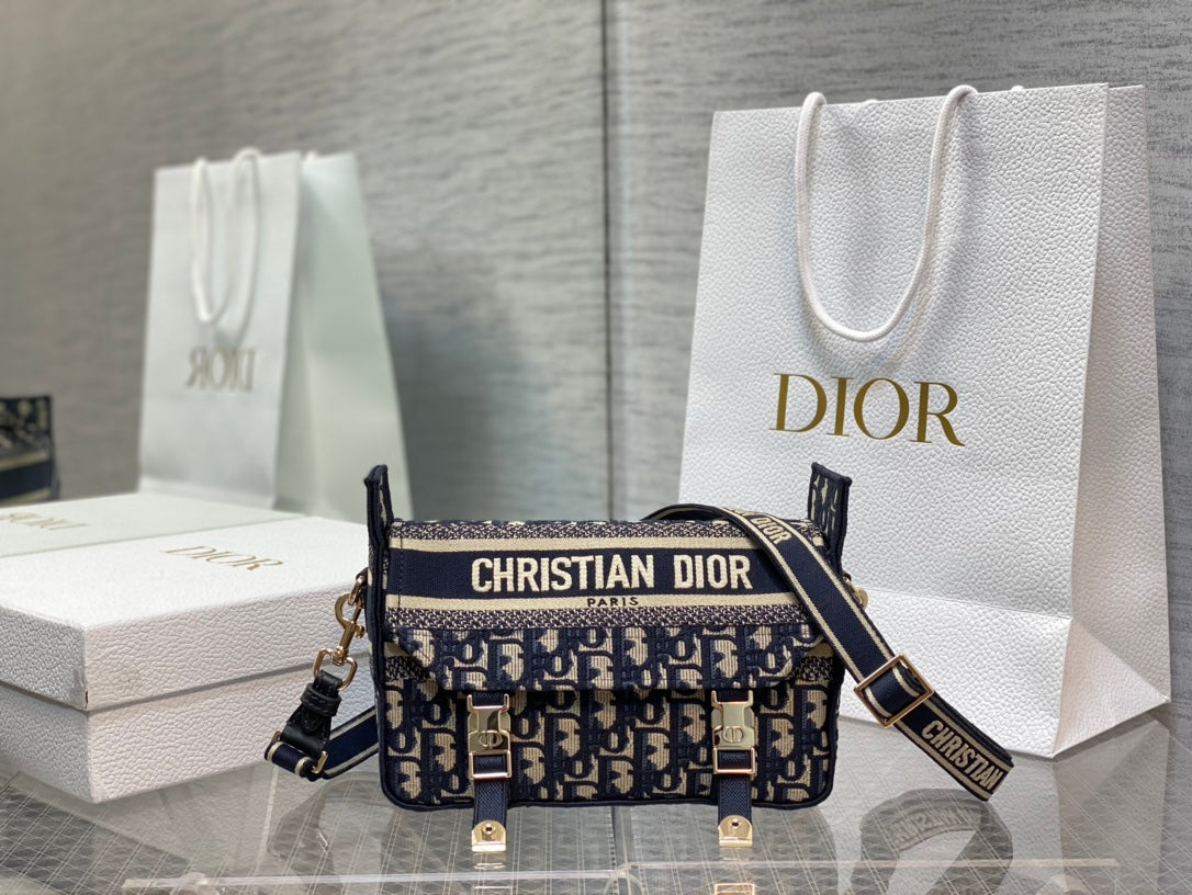 Dior Blue Monogram Embroidered Canvas Shoulder Messenger Bag