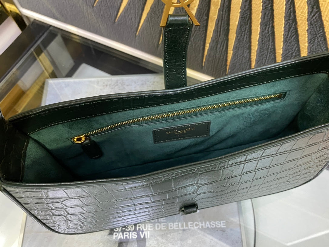Saint Laurent Le 5 à 7 Crocodile-Embossed Leather Shoulder Bag - Dark Green