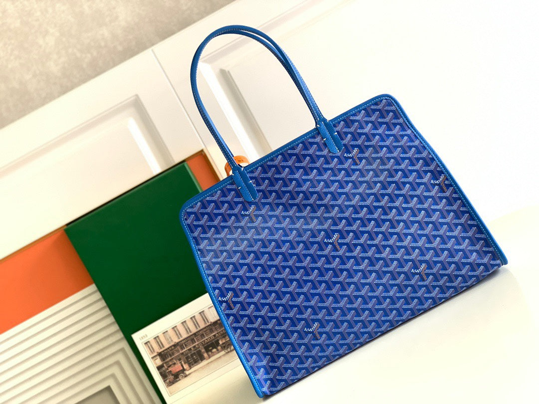 Gogy Elegant Blue Chevron Print Tote Bag with Orange Accent Ring
