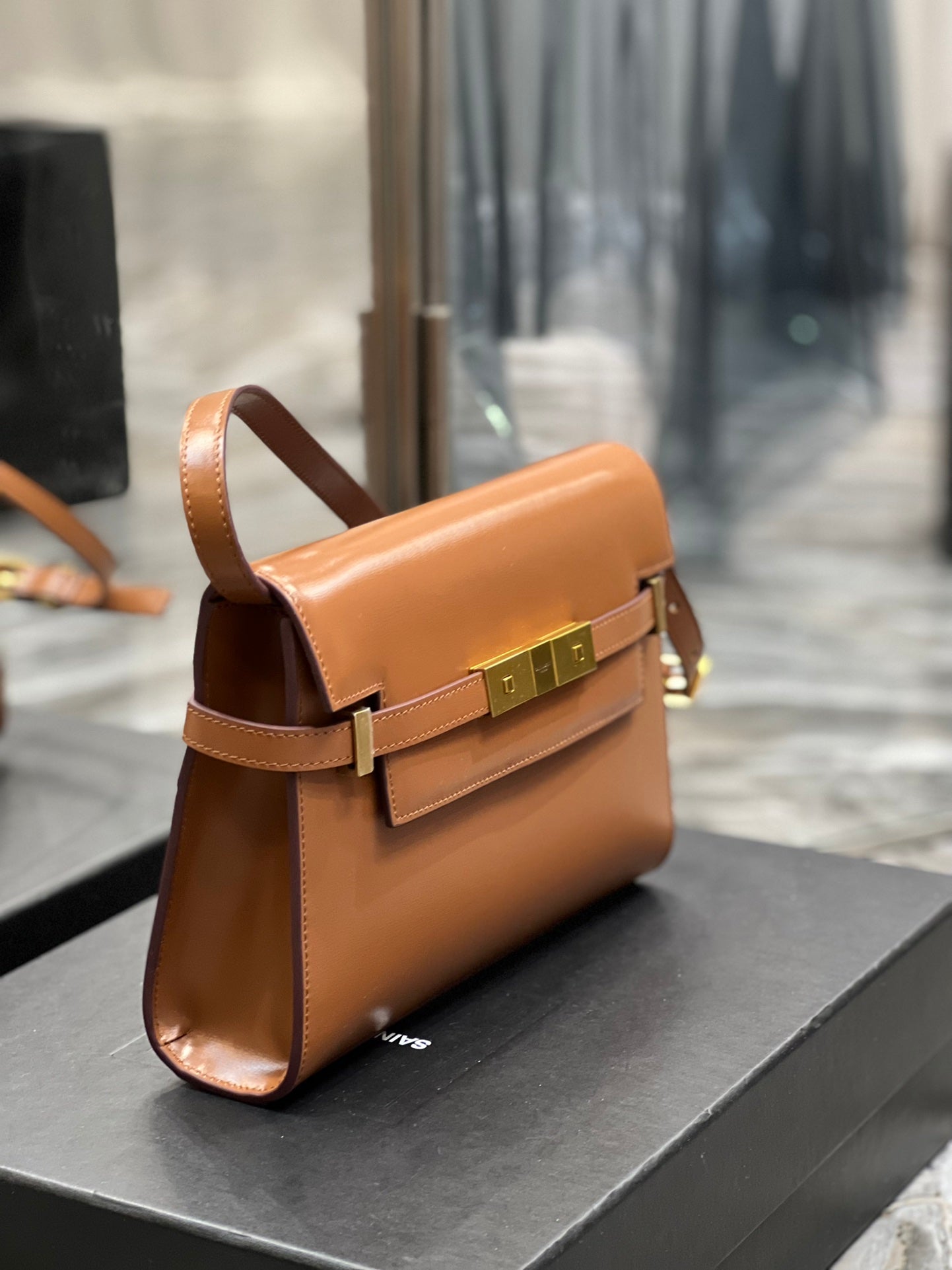 Saint Laurent Manhattan Small Shoulder Bag in Box Leather - Brick
