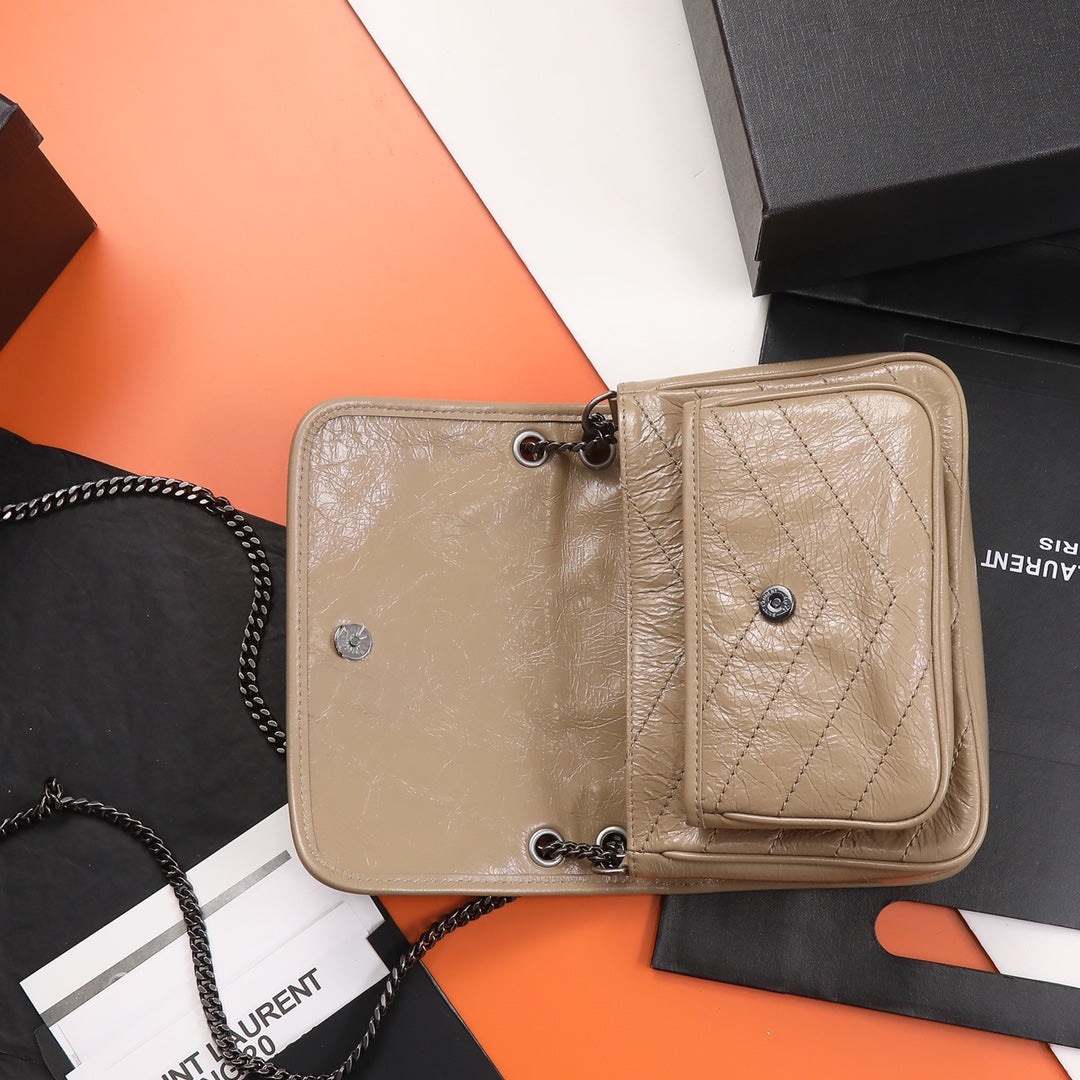 Saint Laurent Niki Medium Chain Bag in Quilted Crinkled Leather - Beige