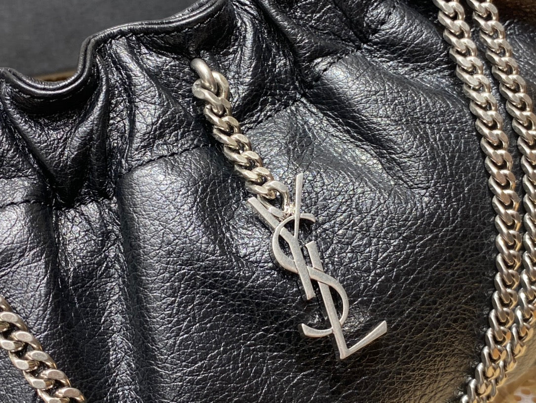 Saint Laurent Joe Mini Bucket Bag in Black Lambskin with Silver Hardware