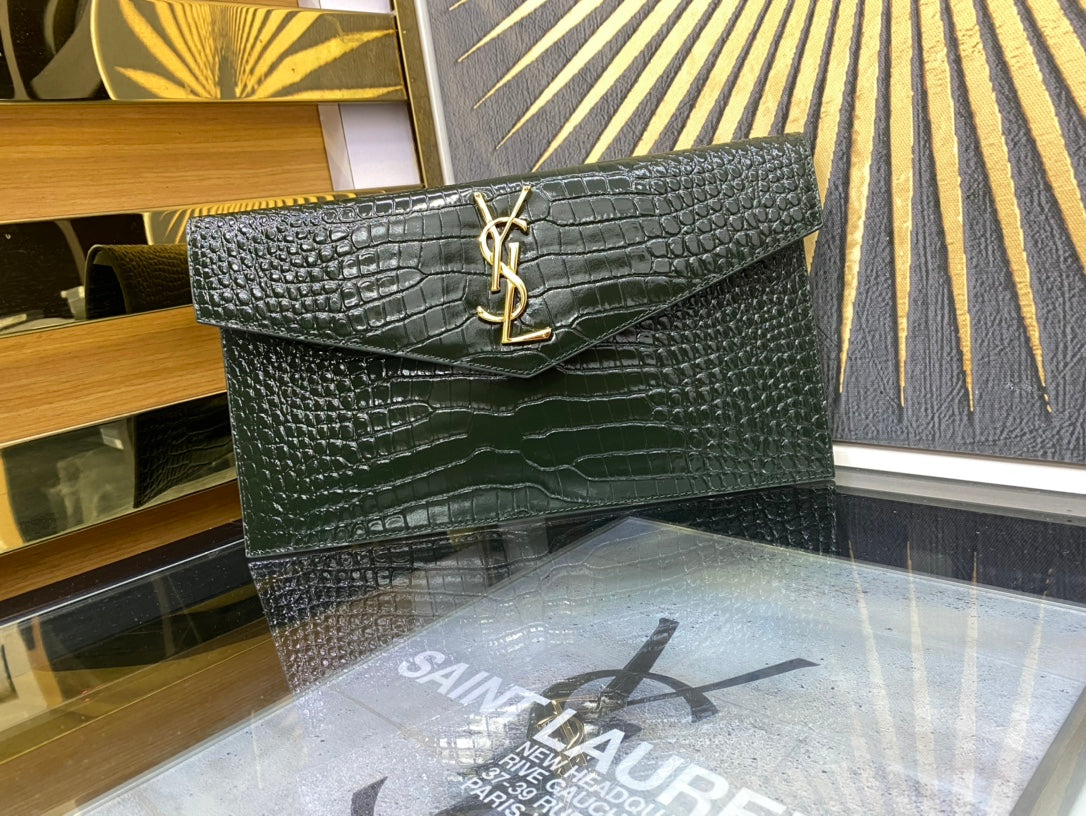 Saint Laurent Cassandre Envelope Clutch in Crocodile-Embossed Leather - Dark Green