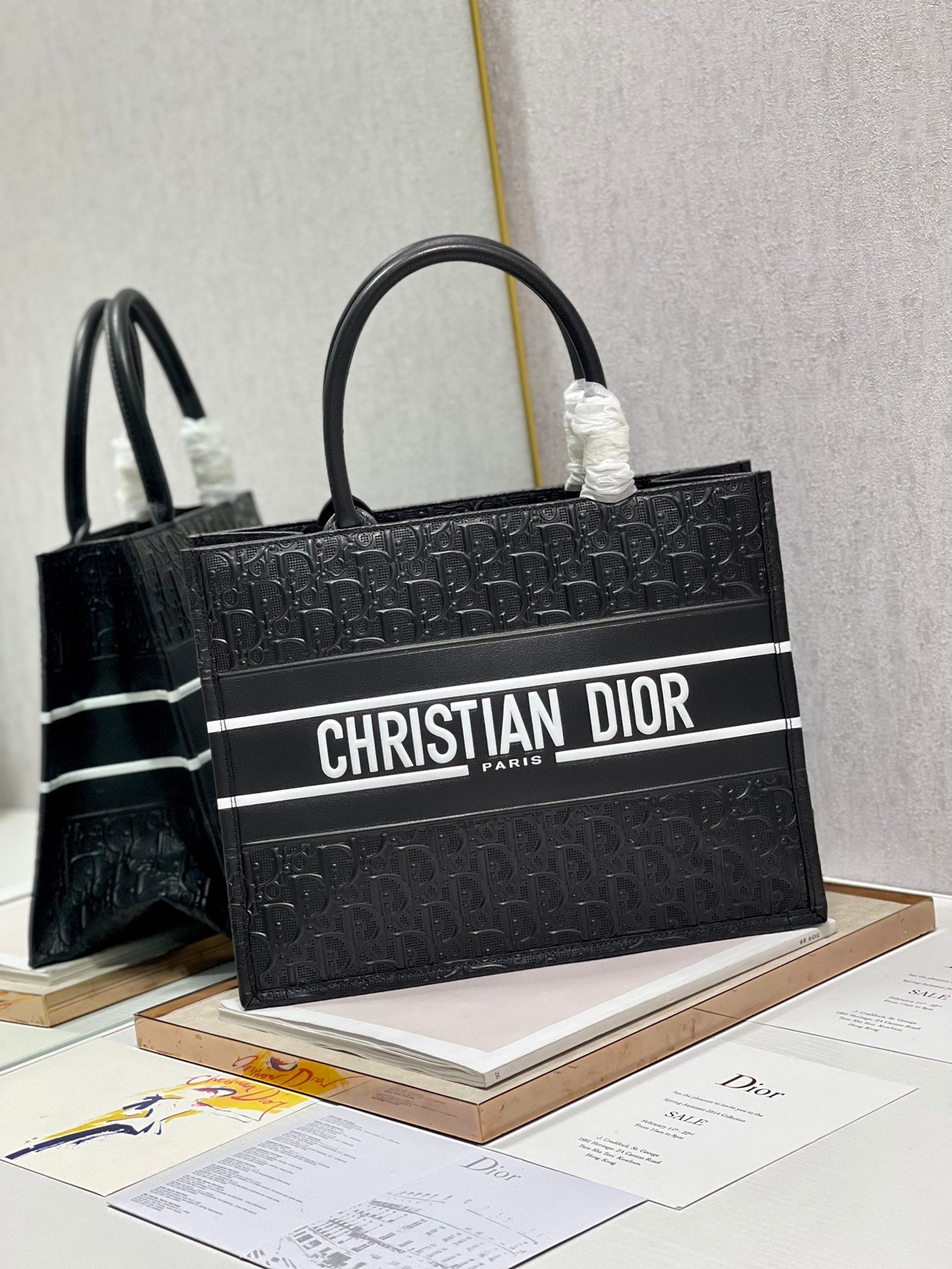 Dior Classic Black Embossed Monogram Canvas Tote Bag with Top Handles