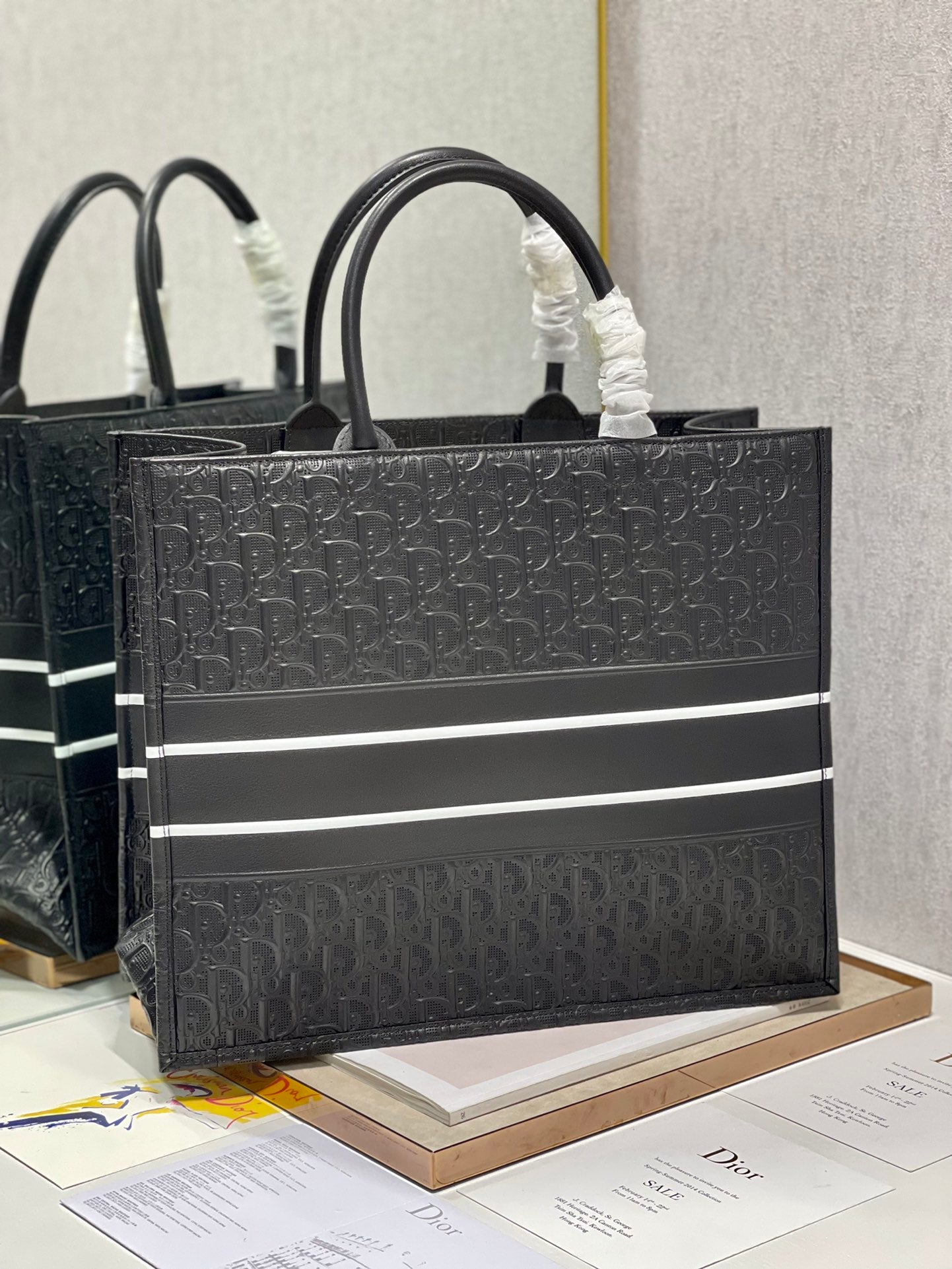 Dior Structured Black Monogram Embossed Tote Bag with Handles