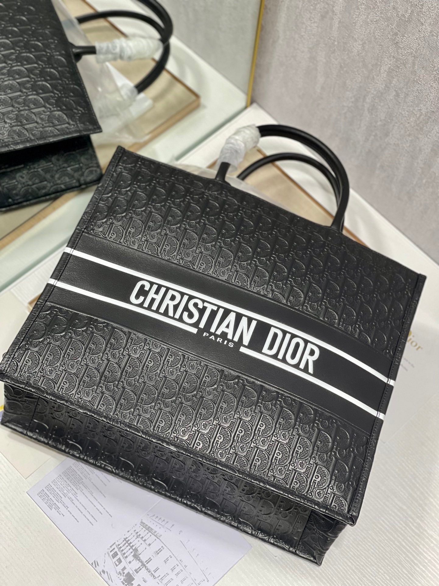 Dior Structured Black Monogram Embossed Tote Bag with Handles