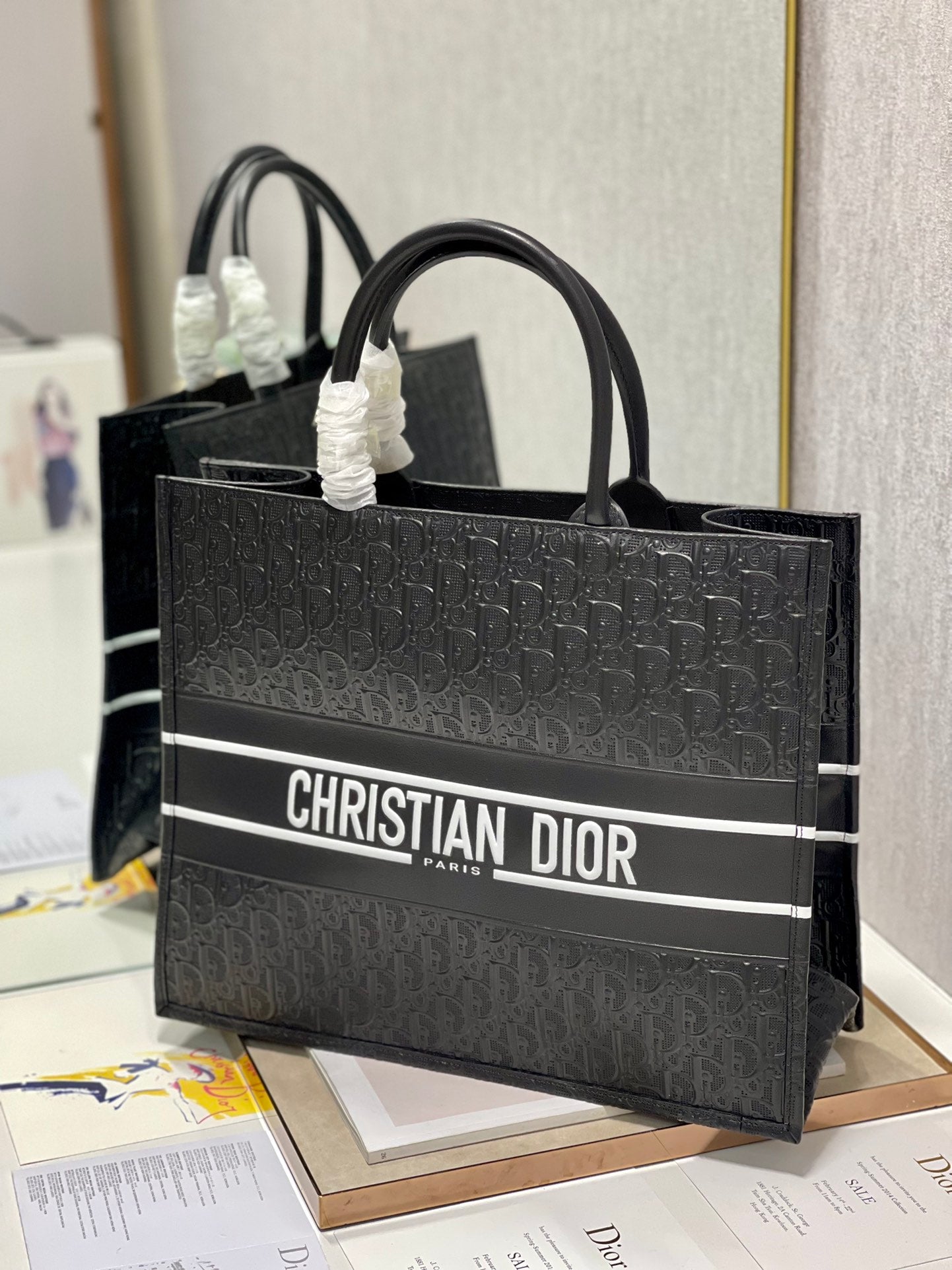 Dior Structured Black Monogram Embossed Tote Bag with Handles