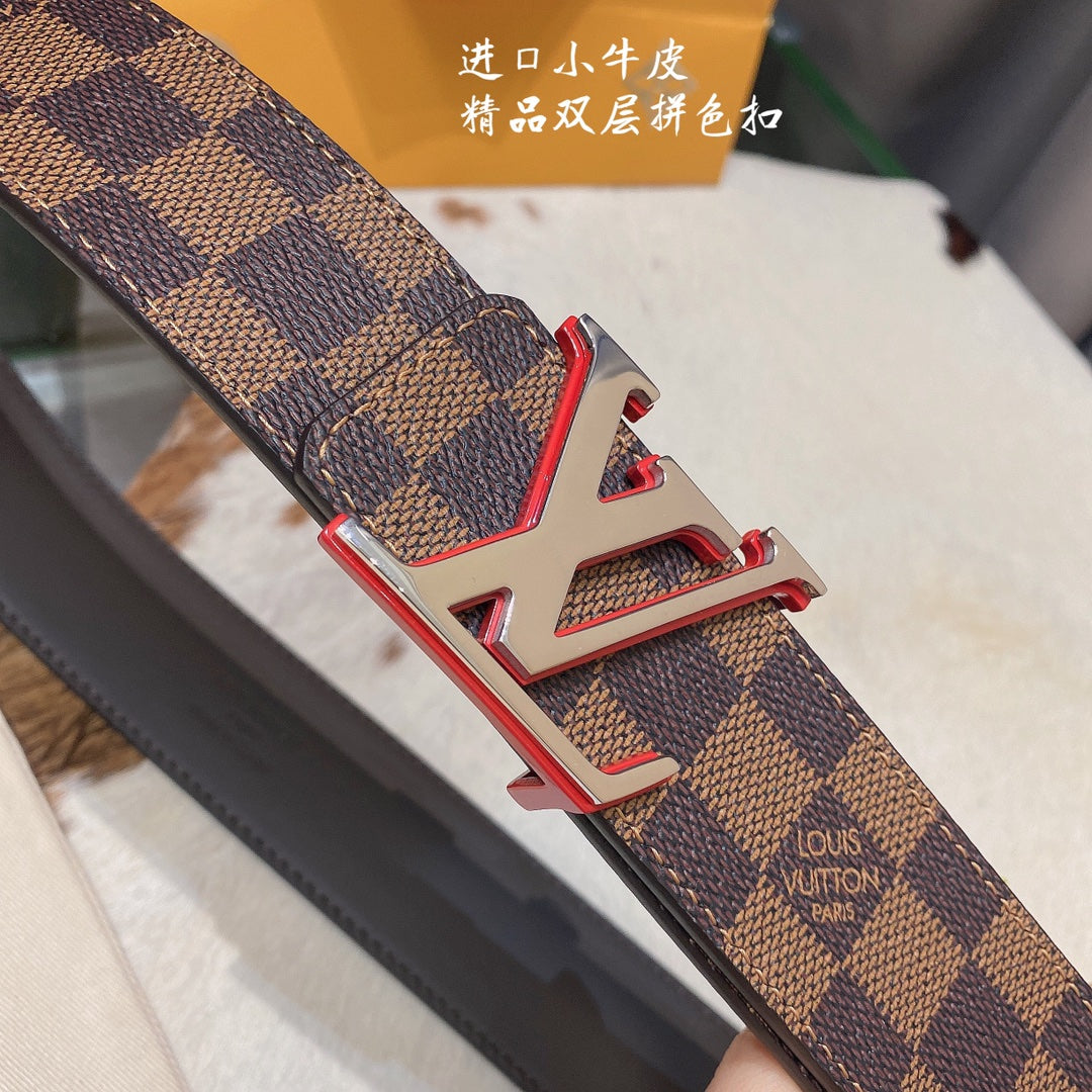 Louis Vuitton Damier Ebene Belt with LV Initial Buckle, Brown Coated Canvas, Calfskin Leather, Luxury Designer Men's Accessory