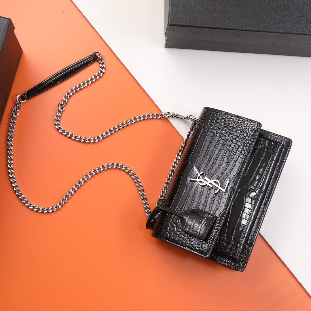 Saint Laurent Sunset Monogram Leather Chain Wallet - Black Crocodile Embossed
