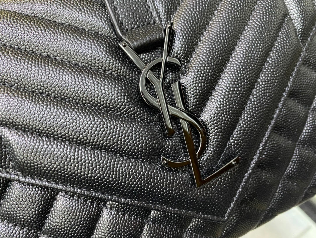 Saint Laurent Medium College Bag in Black Mixed Quilted Leather with Black Hardware