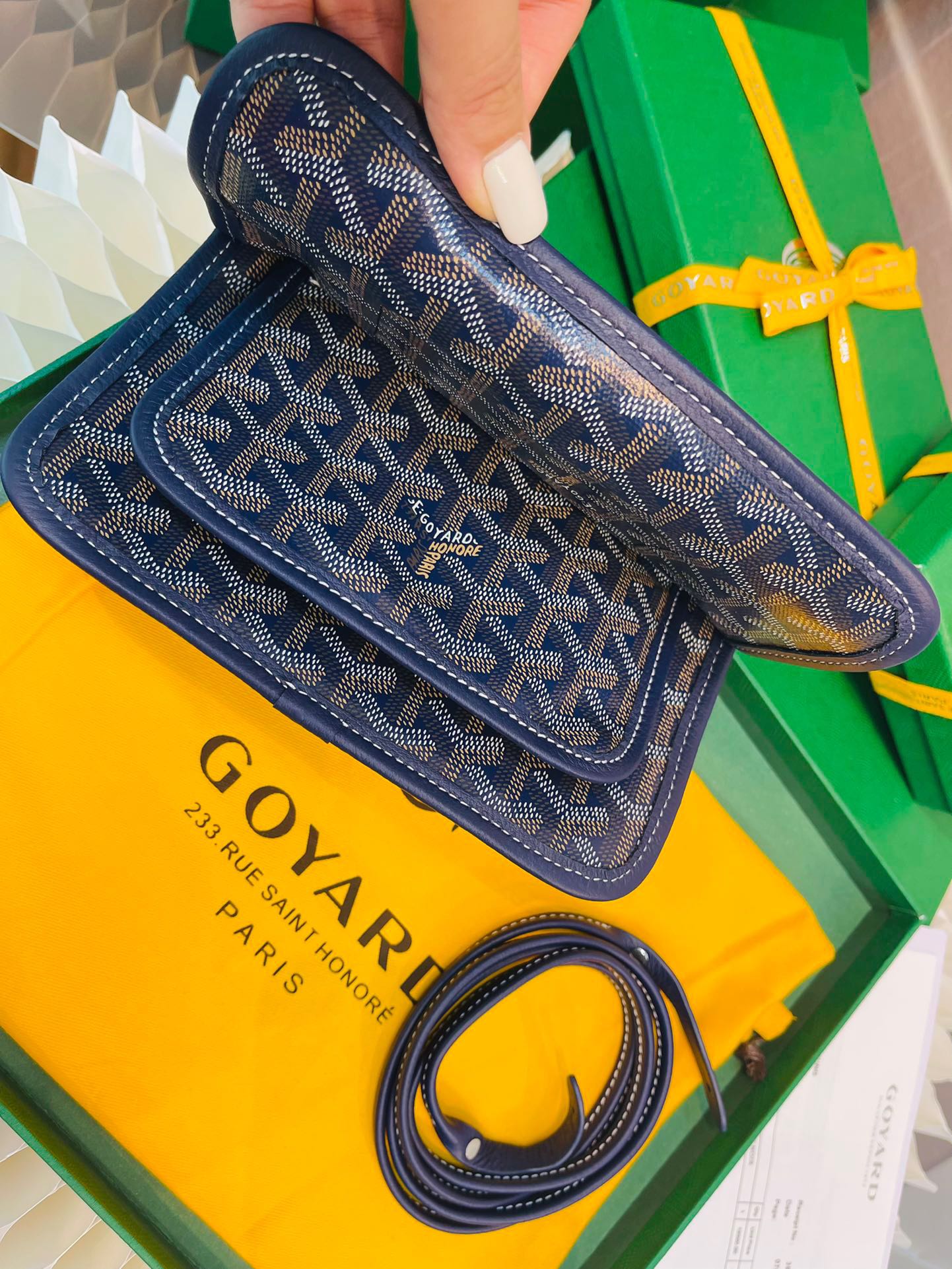 Gogy Navy Blue Chevron Pattern Leather Crossbody Bag with Strap