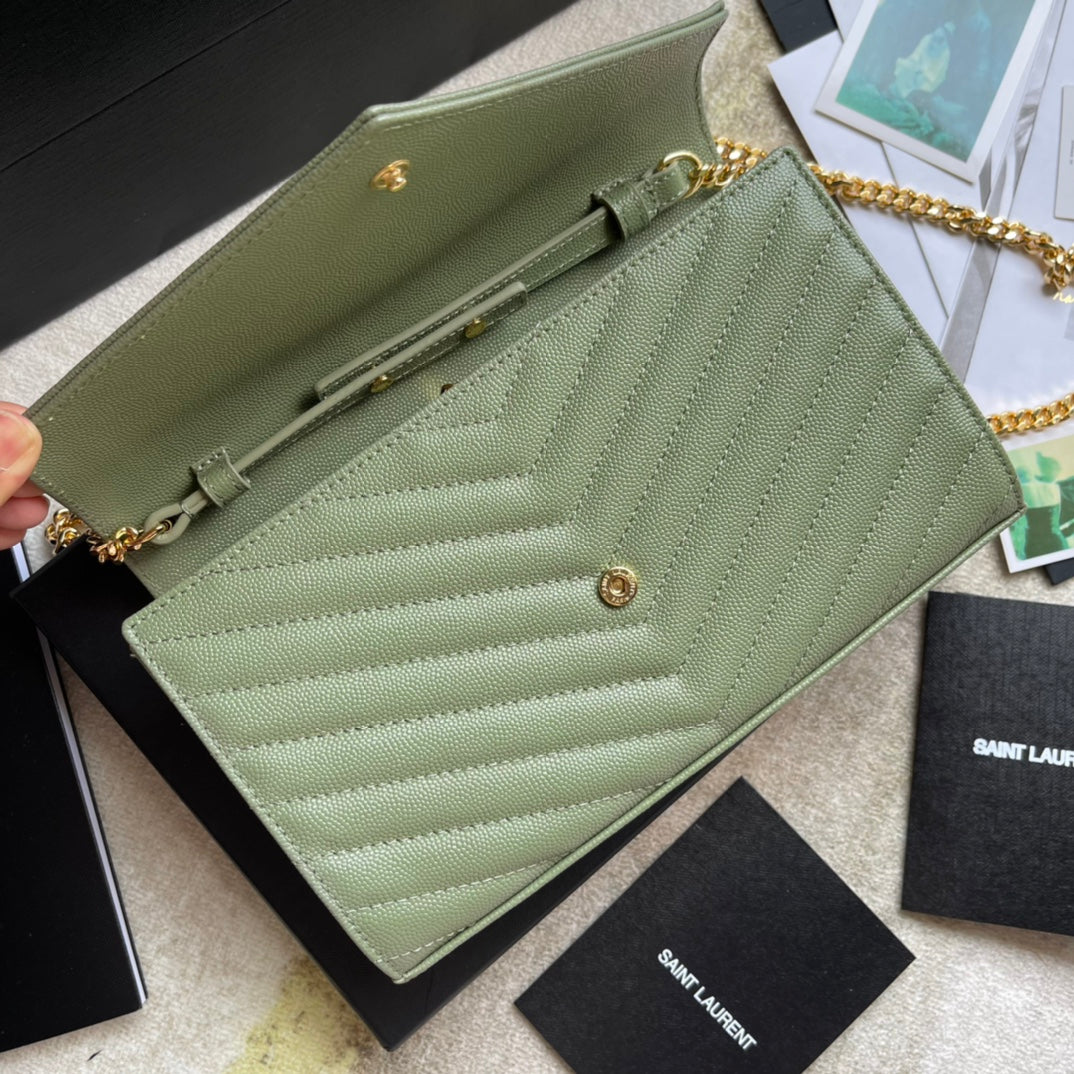 Saint Laurent Cassandre Matelassé Chain Wallet in Sage Green Leather