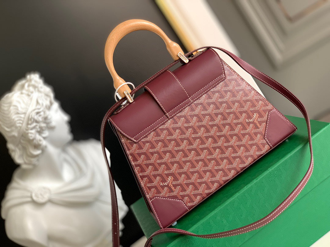 Gogy Burgundy Geometric Pattern Handbag with Wooden Top Handle