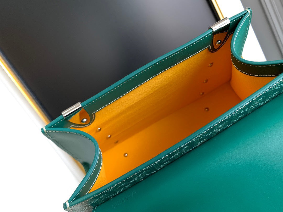 Gogy Luxury Green Chevron Structured Handbag with Wooden Top Handle