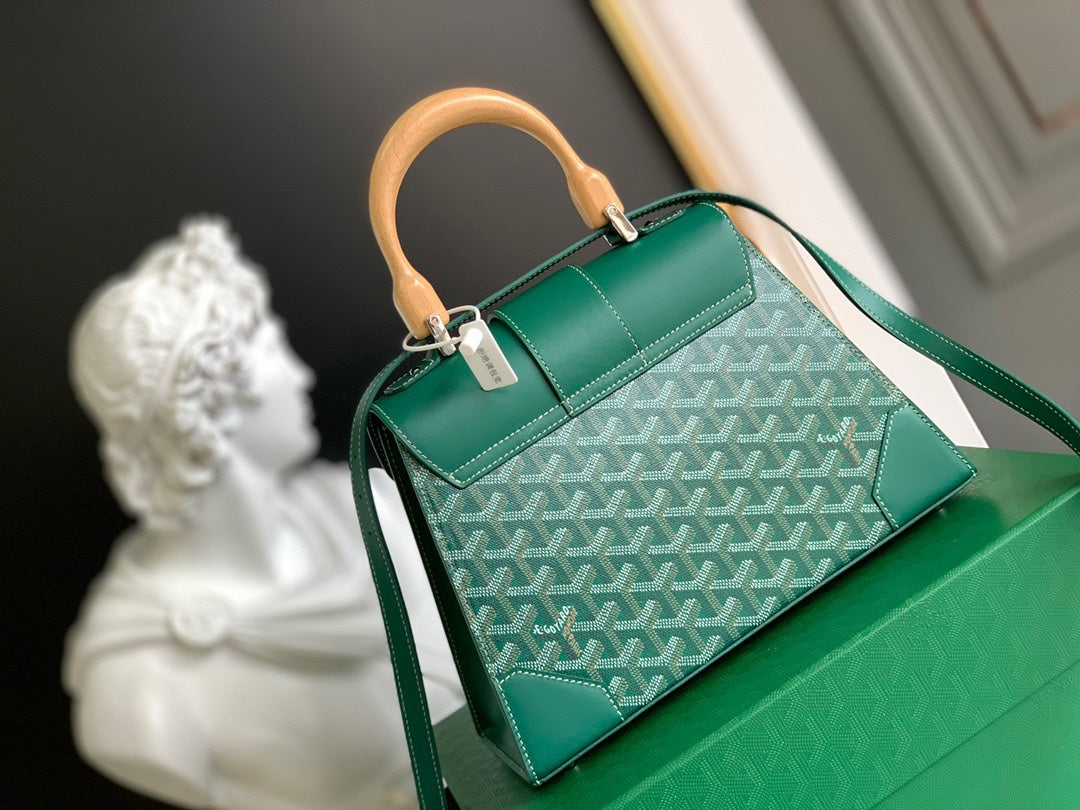 Gogy Luxury Green Chevron Structured Handbag with Wooden Top Handle
