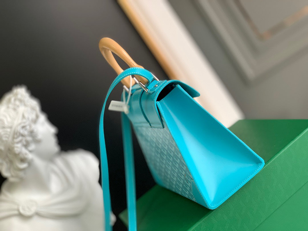 Gogy Turquoise Geometric Pattern Leather Handbag with Wooden Top Handle