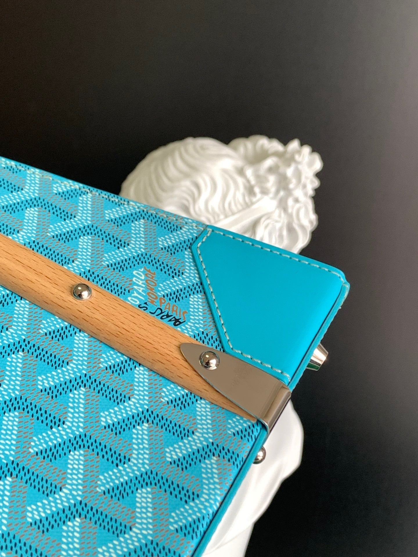 Gogy Turquoise Geometric Pattern Leather Handbag with Wooden Top Handle