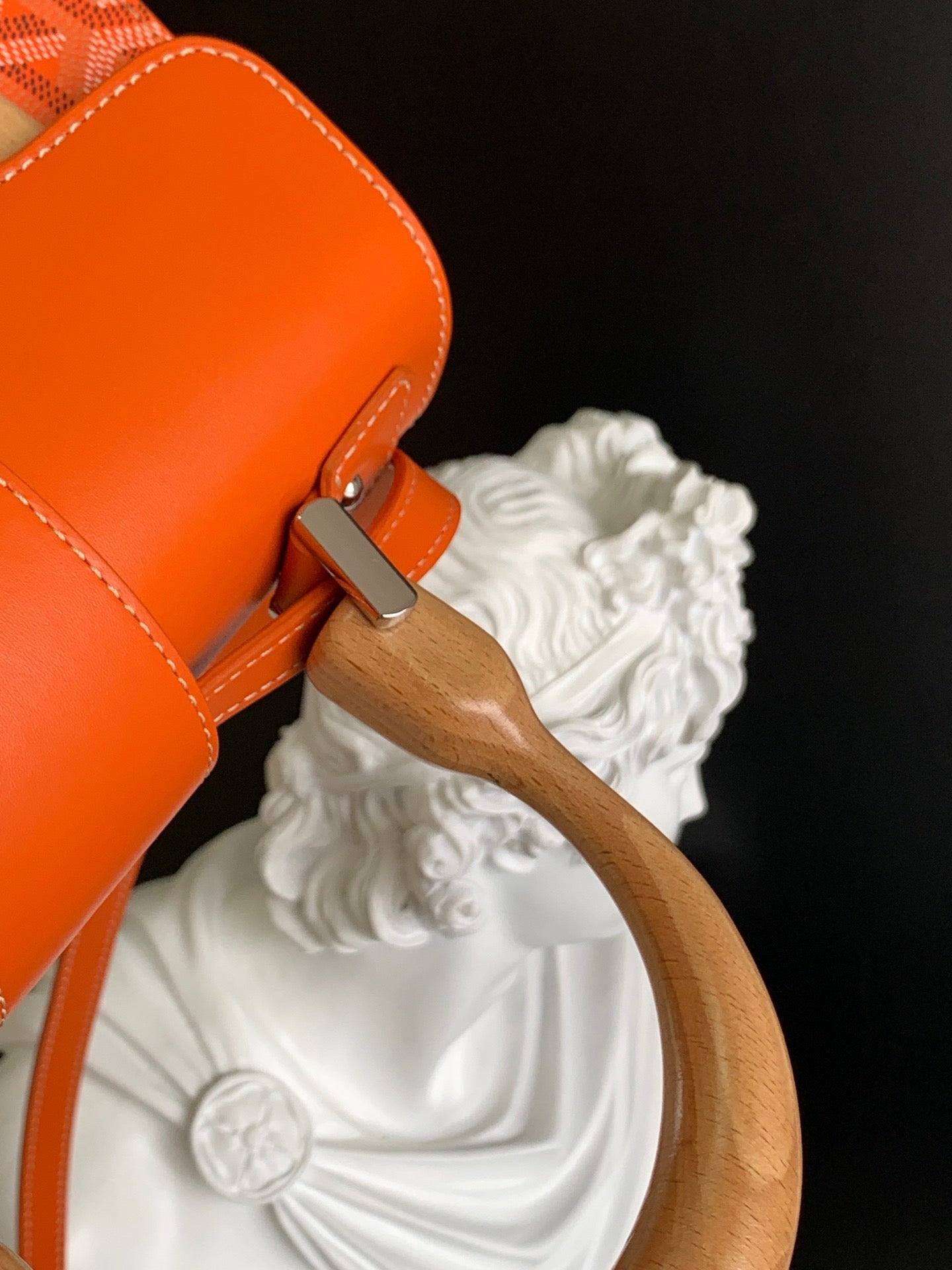 Gogy Orange Chevron Pattern Top Handle Handbag with Wooden Details