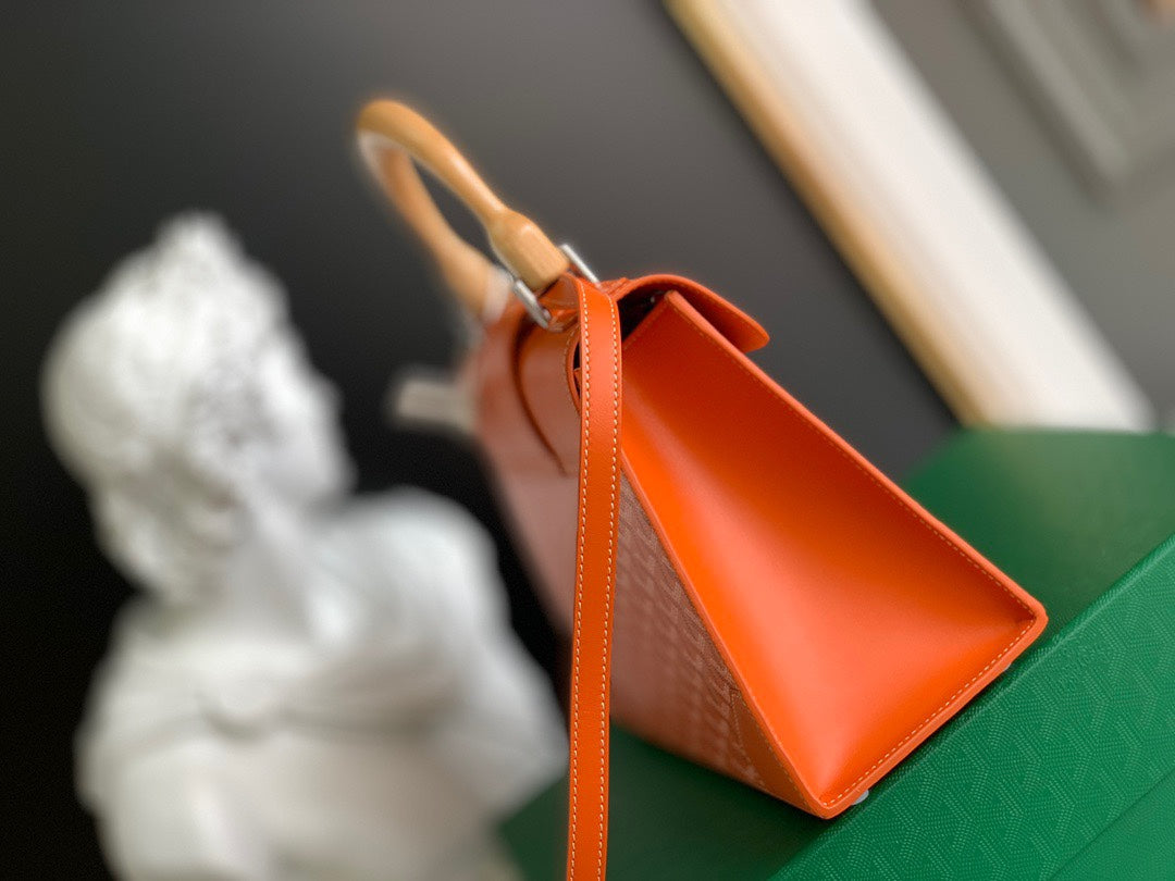 Gogy Orange Chevron Pattern Top Handle Handbag with Wooden Details