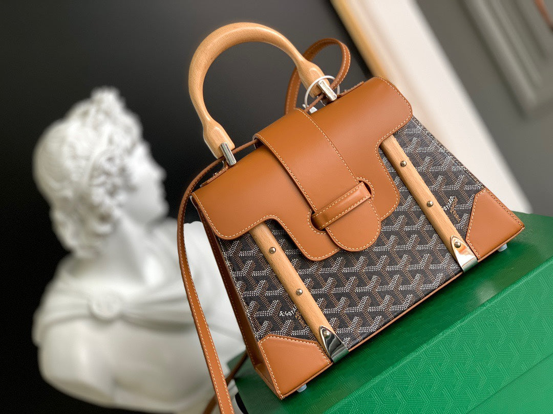 Gogy Luxury Tan Leather Handbag with Protective Metal Bottom Studs
