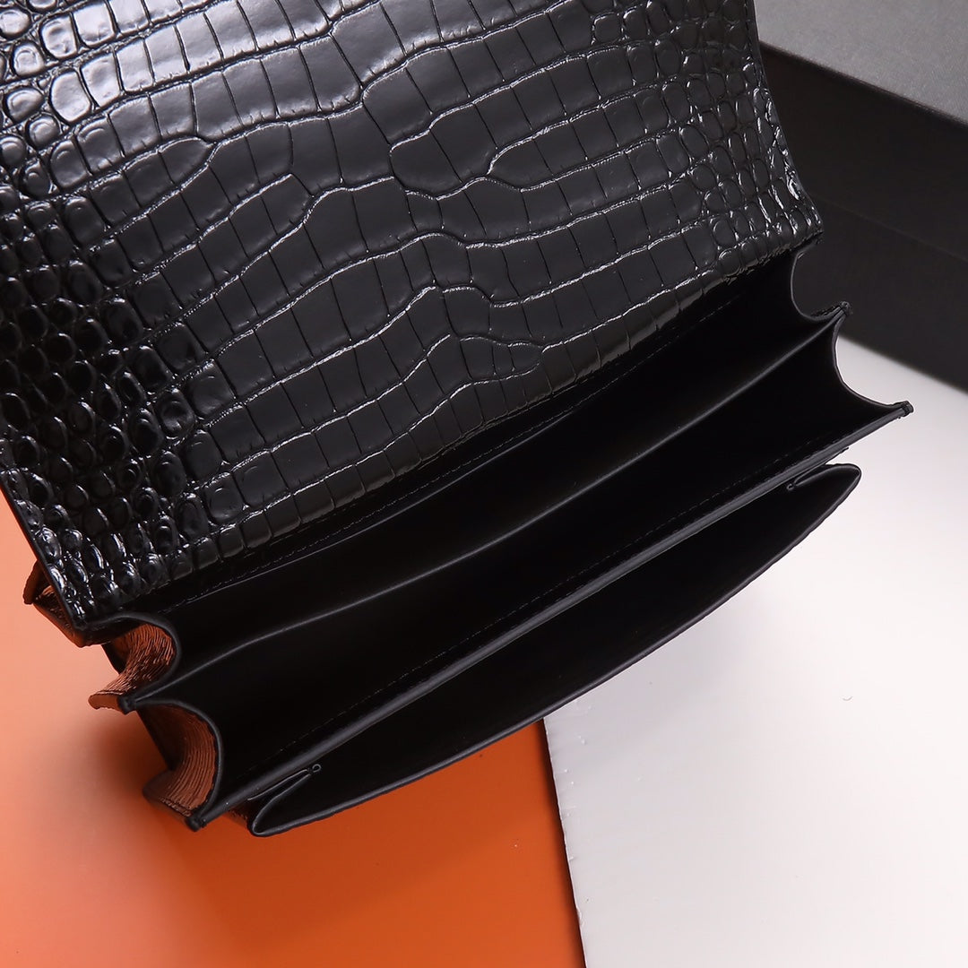 Saint Laurent Small Sunset Shoulder Bag in Crocodile-Embossed Leather