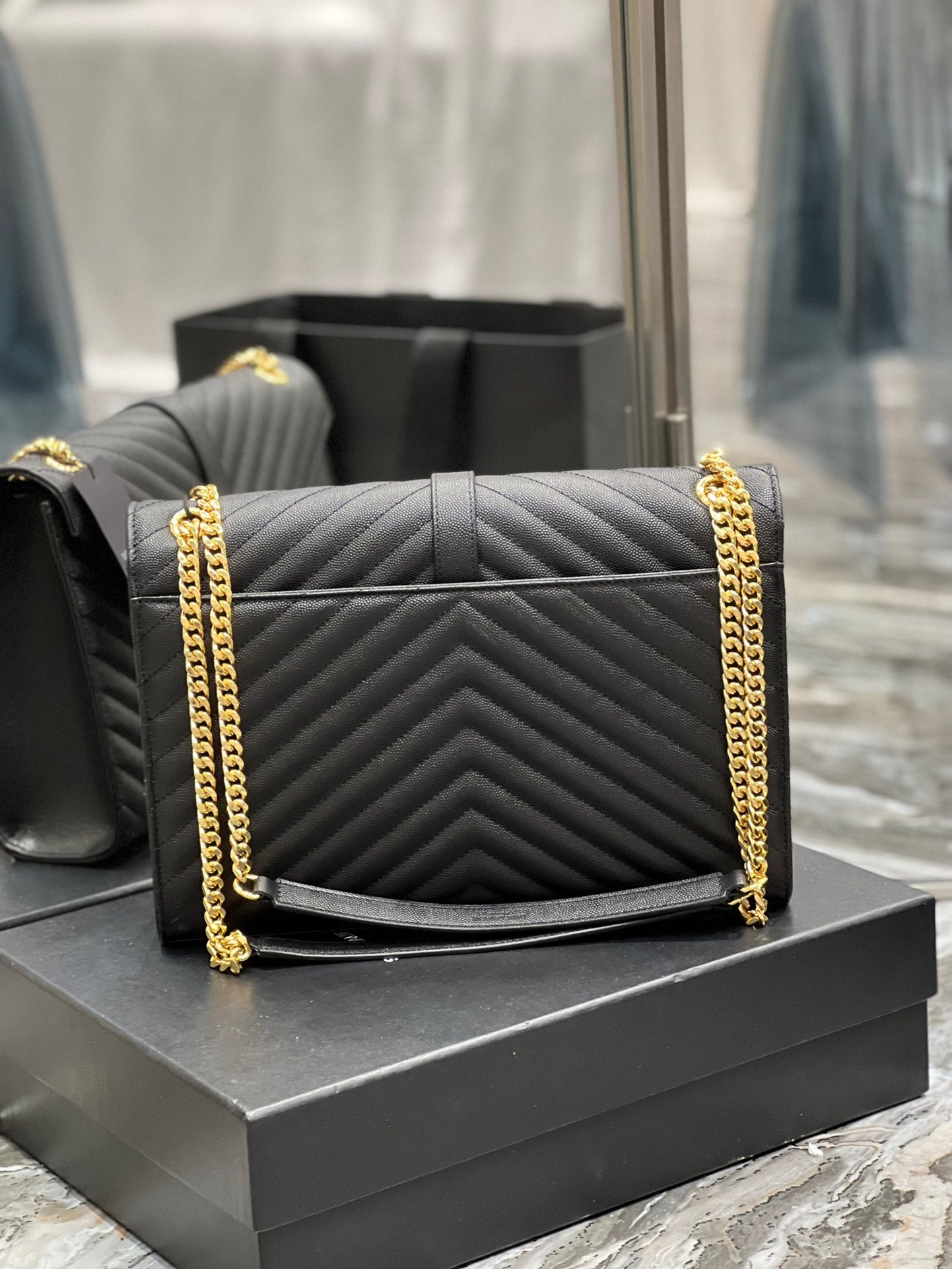 Saint Laurent Monogram Medium Envelope Bag in Black Quilted Leather with Gold Hardware
