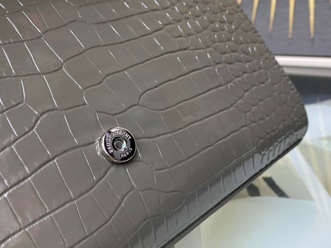 Saint Laurent Kate Medium Tassel Shoulder Bag in Grey Croc-Embossed Leather