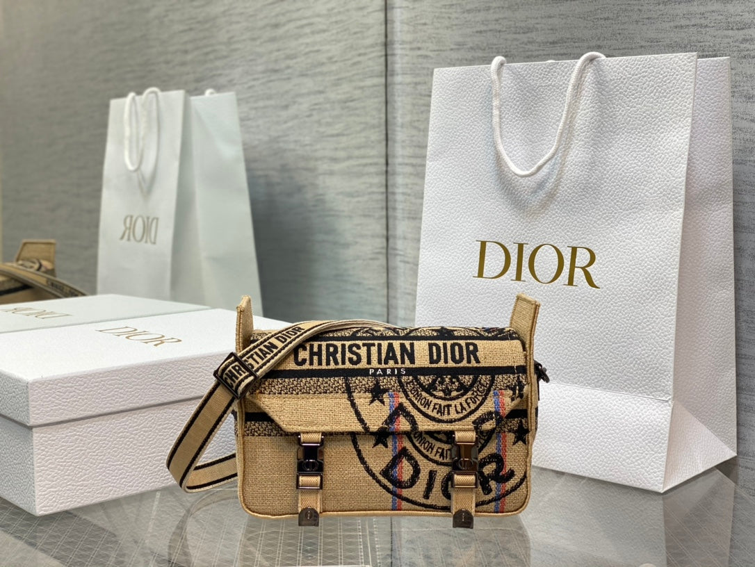 Dior Vintage Beige Canvas Crossbody Messenger Bag with Buckle Straps
