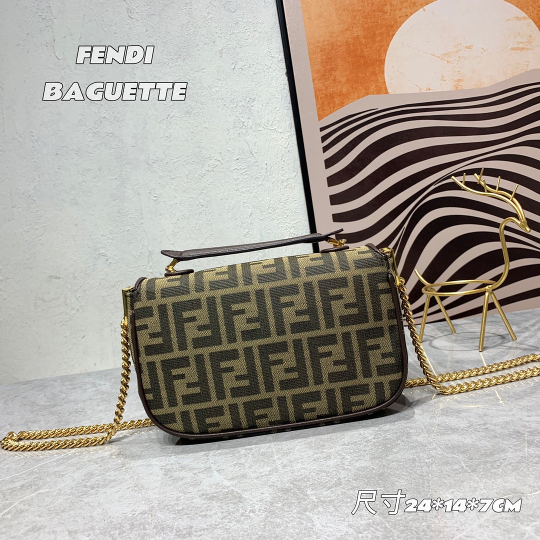 Fendi Baguette FF Monogram Canvas Shoulder Bag - Brown/Gold