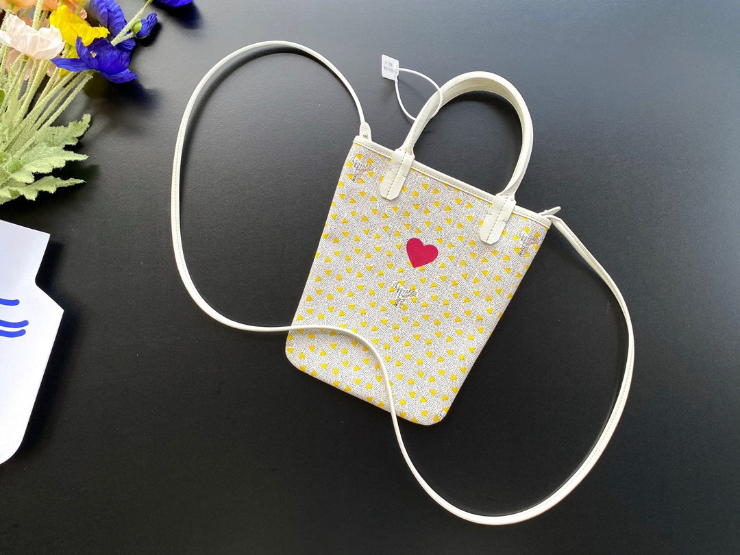 Gogy Cute Yellow Patterned Mini Crossbody Bag with Embroidered Red Heart