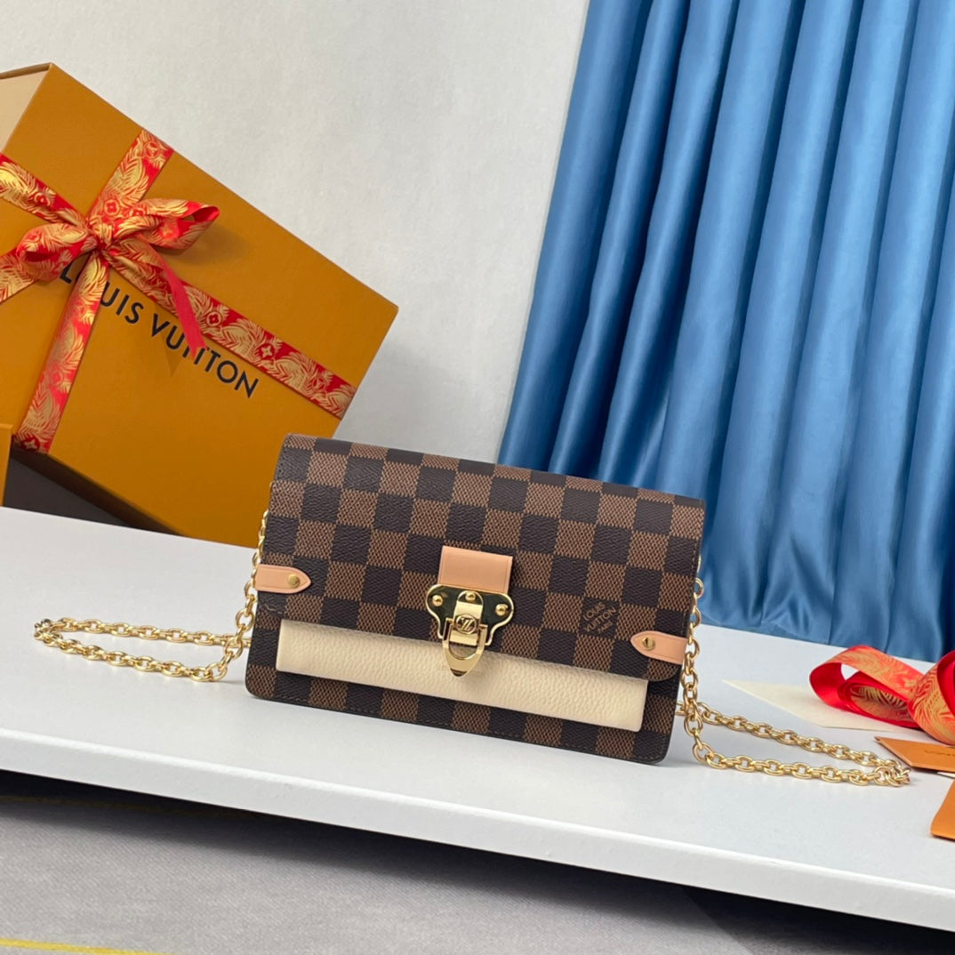 Louis Vuitton Brown Checkered Crossbody Bag with Gold Chain and Pink Accents