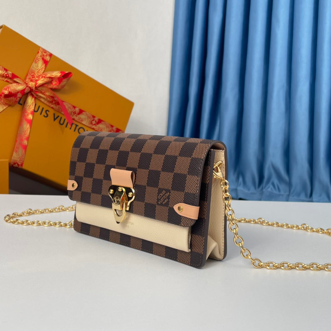 Louis Vuitton Brown Checkered Crossbody Bag with Gold Chain and Pink Accents