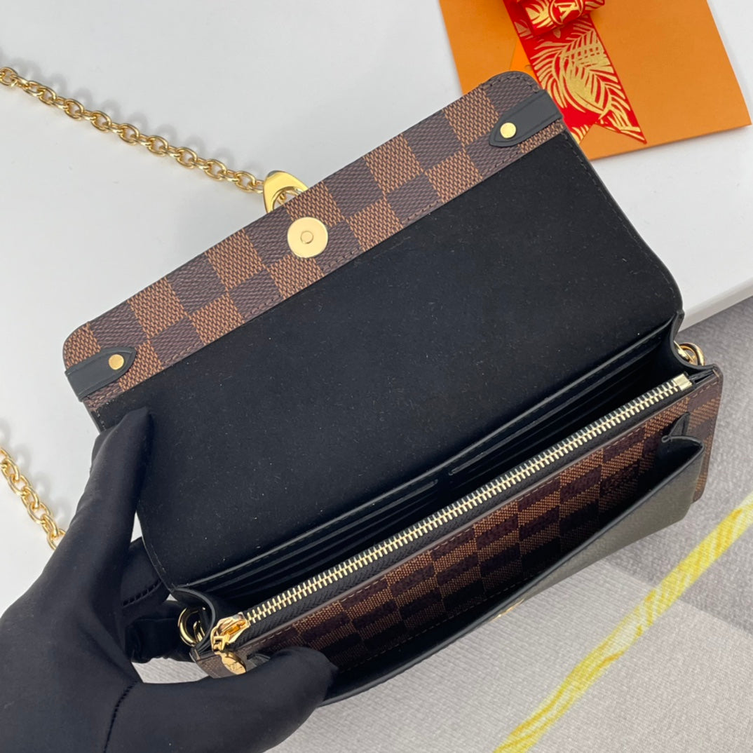 Louis Vuitton Classic Brown Checkered Crossbody Clutch Bag with Gold Chain