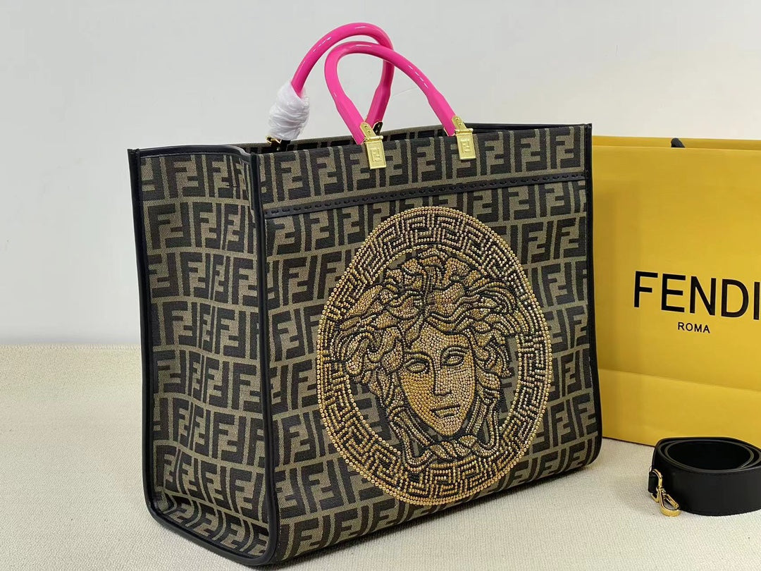 Fendi x Versace Fendace Sunshine Shopper Tote Bag - Brown FF Monogram with Gold Medusa
