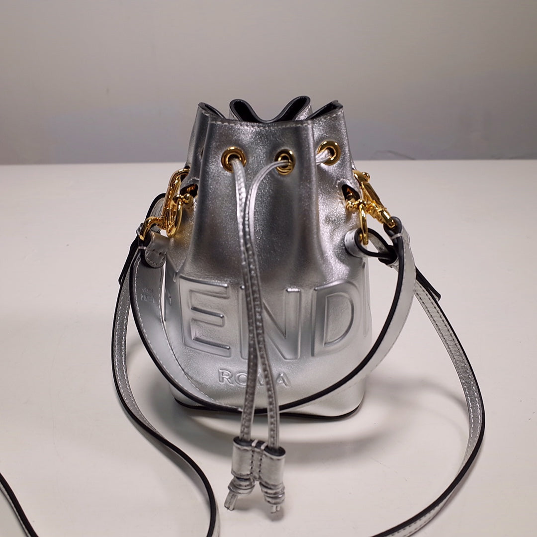 Fendi Mon Tresor Mini Silver Leather Bucket Bag with Logo
