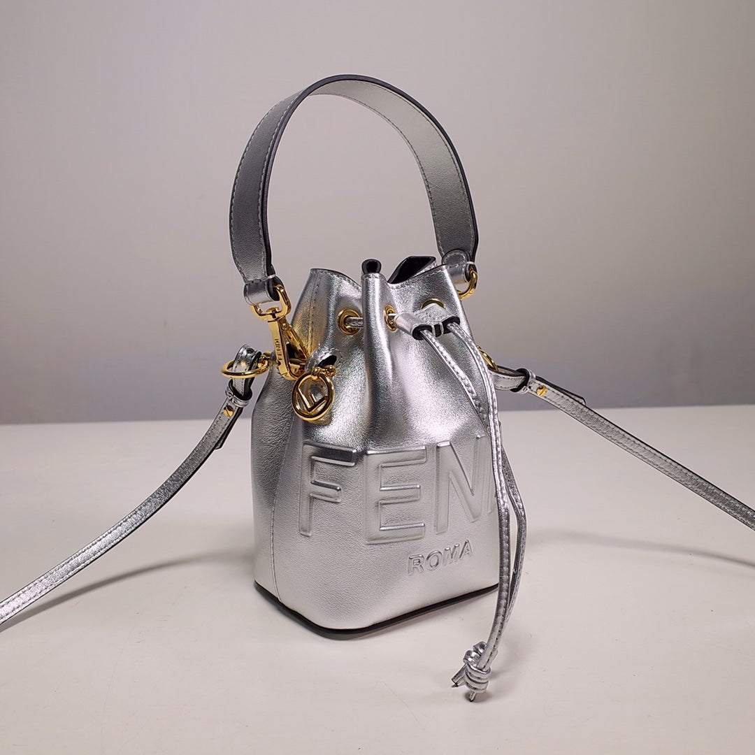 Fendi Mon Tresor Mini Silver Leather Bucket Bag with Logo