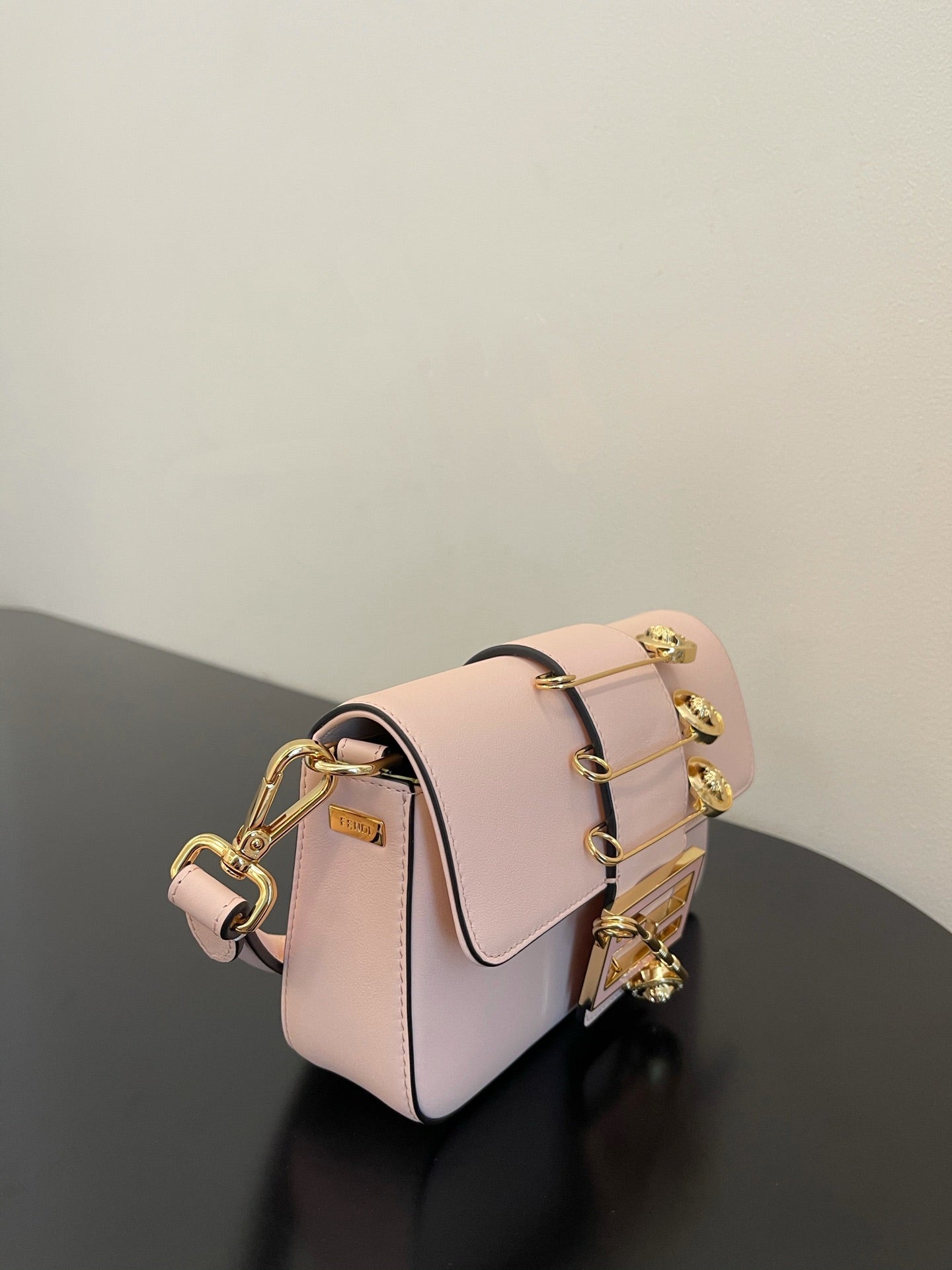 Fendi Mini Baguette Pink Leather Handbag with Gold Safety Pin Accents