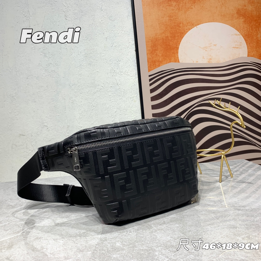 Fendi Black Embossed FF Logo Leather Belt Bag
