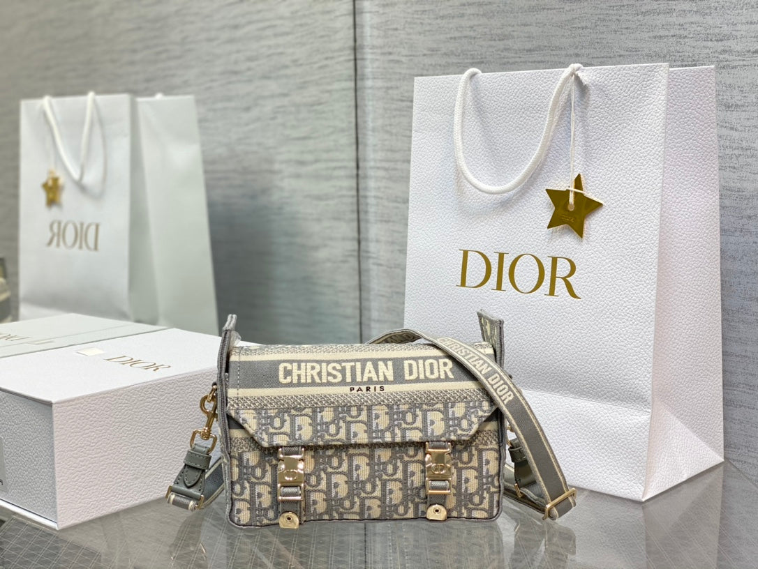 Dior Grey Monogram Jacquard Crossbody Bag with Buckle Details