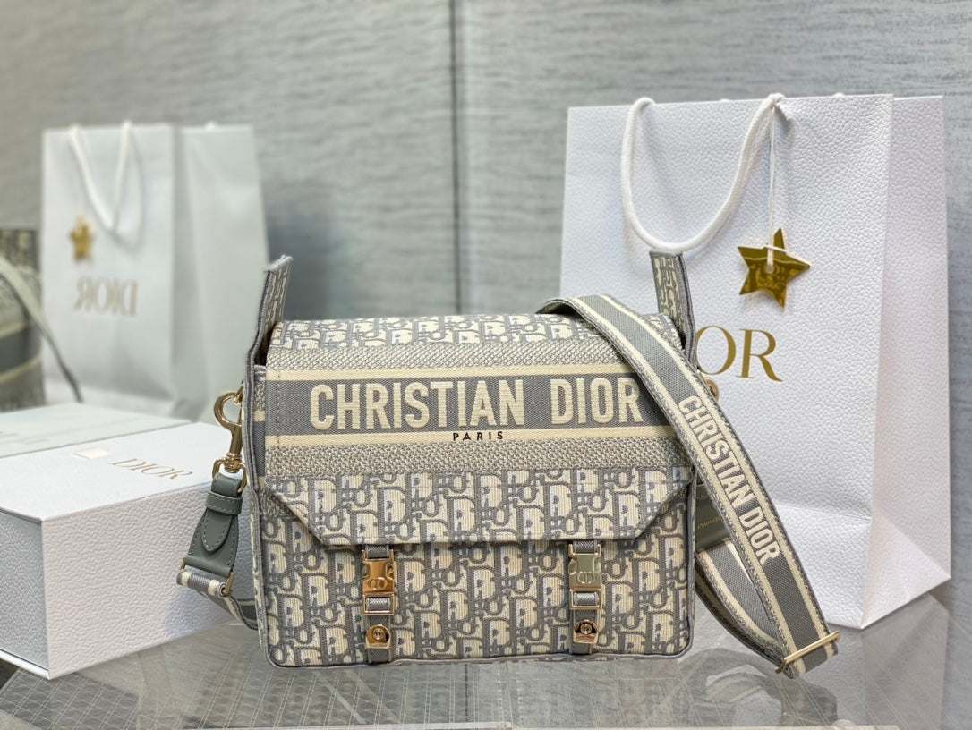 Dior Luxury Grey Monogram Canvas Messenger Bag with Wide Strap