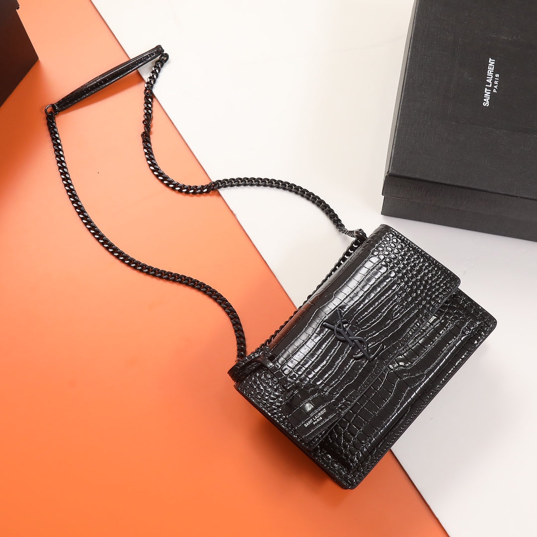 Saint Laurent Sunset Medium Crocodile-Embossed Leather Shoulder Bag - Black