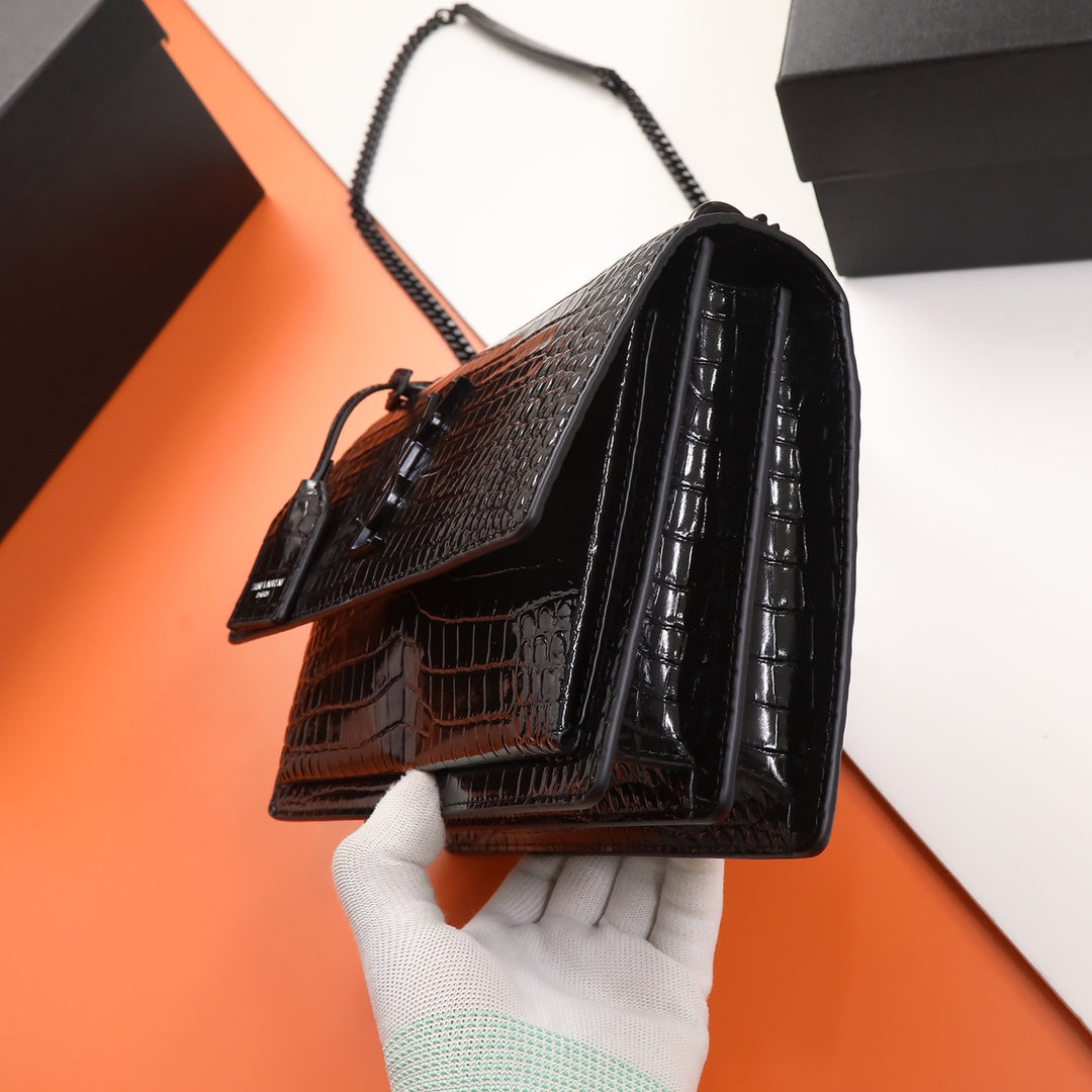 Saint Laurent Sunset Medium Crocodile-Embossed Leather Shoulder Bag - Black