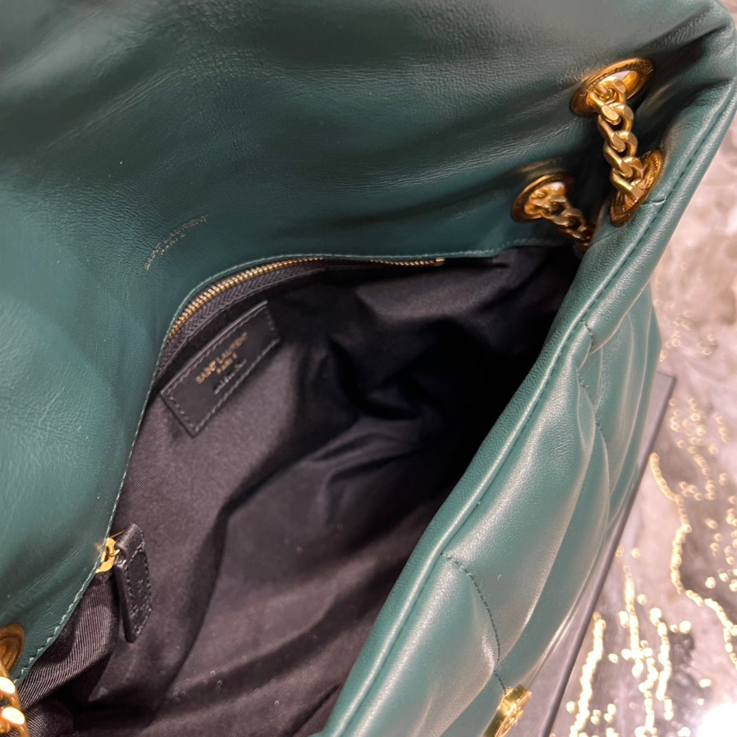 Saint Laurent Small Loulou Puffer Shoulder Bag in Dark Green Quilted Leather