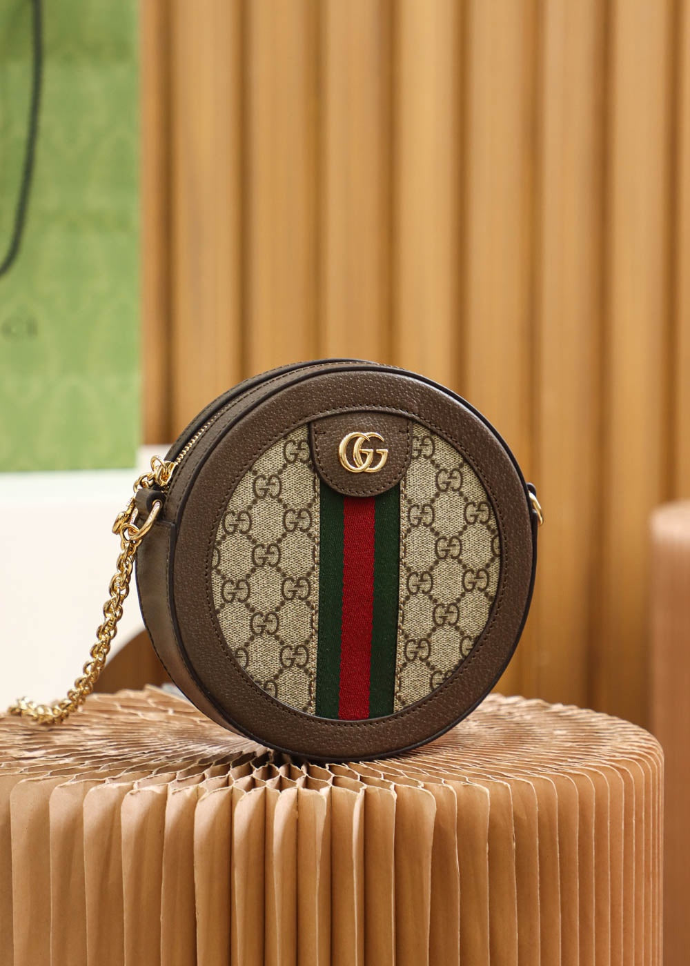 Gucci Vintage Round Monogram Canvas Crossbody Bag with Gold Chain Strap