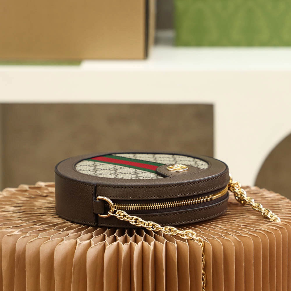 Gucci Vintage Round Monogram Canvas Crossbody Bag with Gold Chain Strap