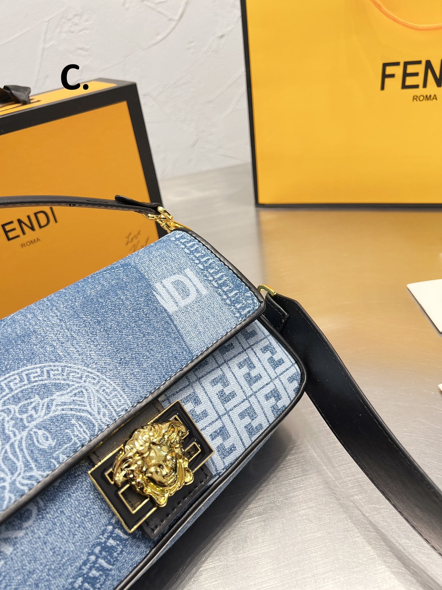 Fendace Baguette Denim Shoulder Bag with Medusa Clasp and FF Logo