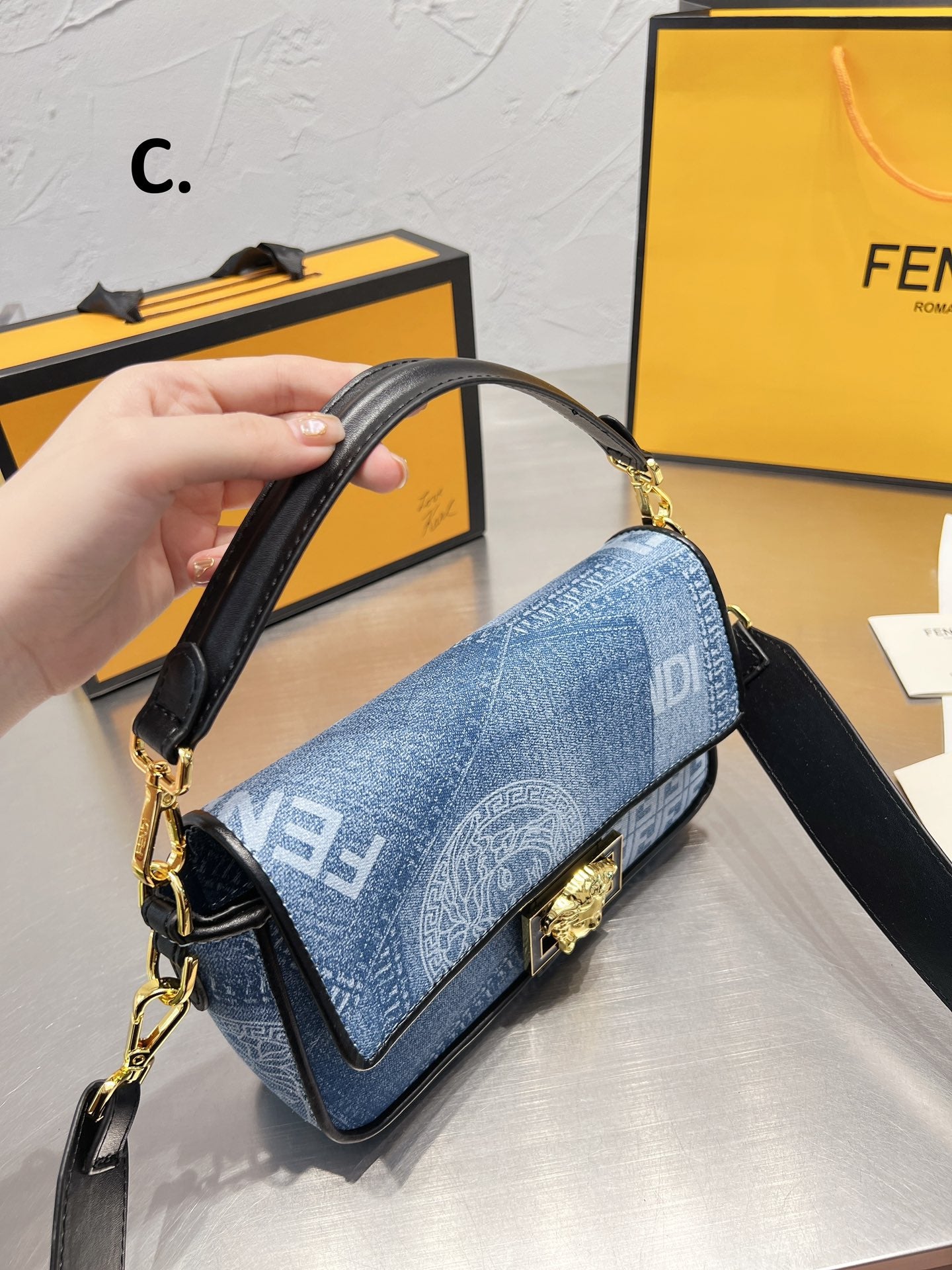 Fendace Denim Medusa Shoulder Bag - Blue Monogram Crossbody with Gold Hardware